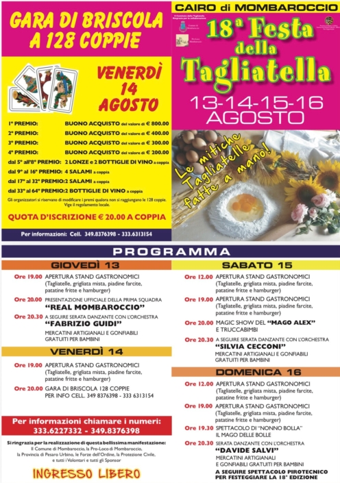 Programma Festa della Tagliatella Cairo Mombaroccio 2026